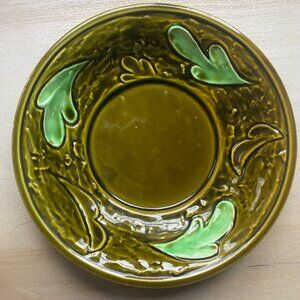 Vintage Japan Glossy Olive Green Decorative Dish Bowl Abstract Leaf 6.5"